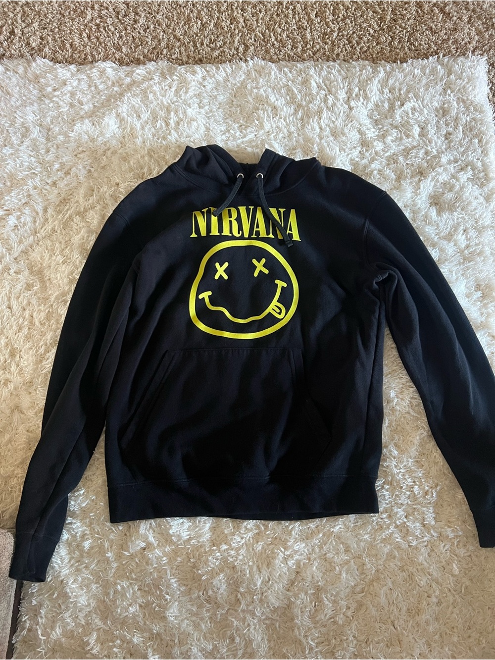 NIRVANA Black Hoodie with Yellow Smiley Graphic